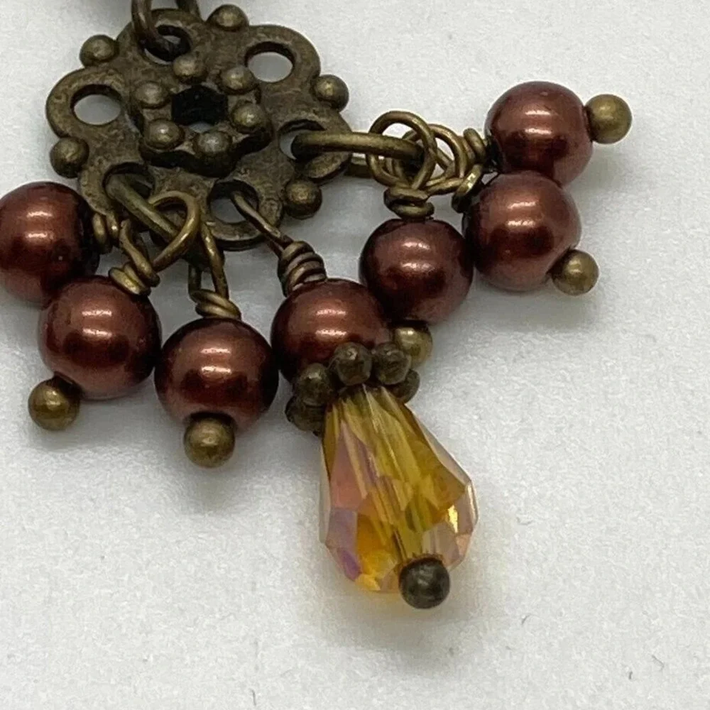 Vintage Style Dangle Earrings Pearl Bronze Brown Amber Leverback Fashion Jewelry